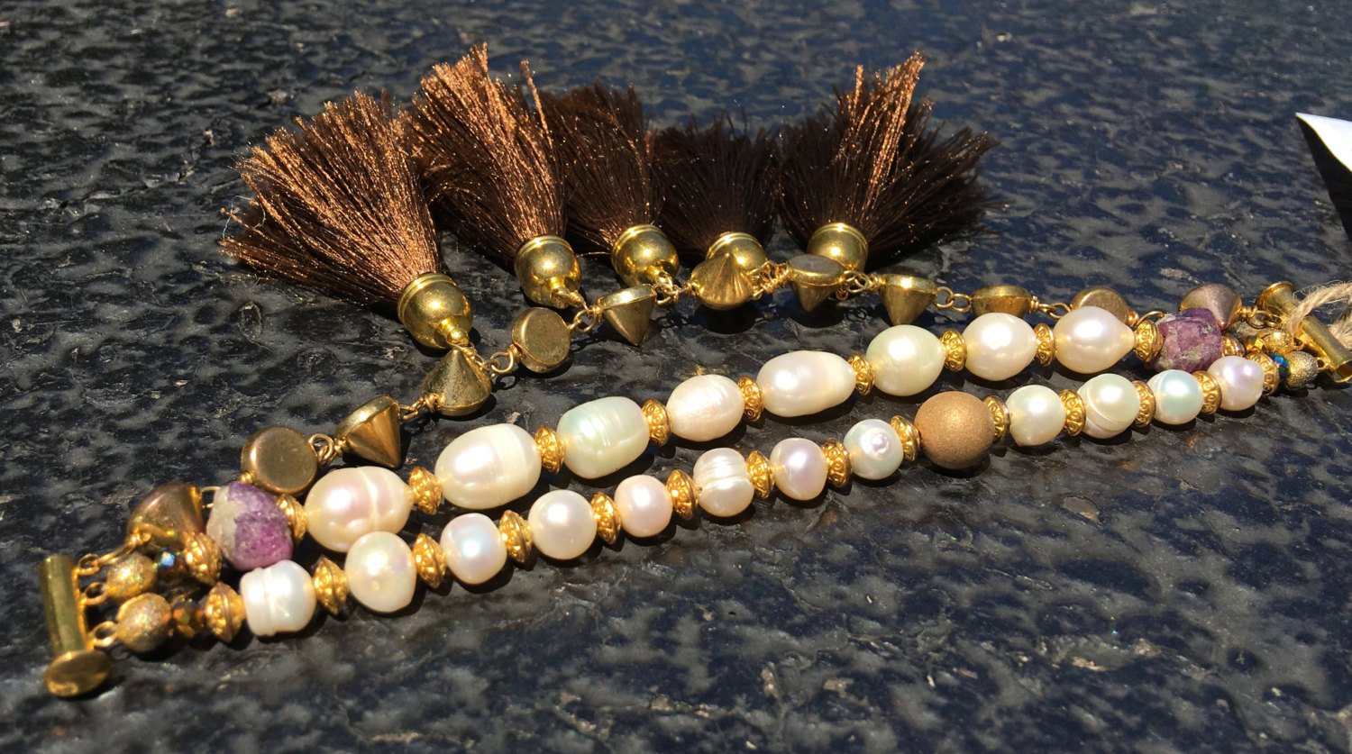 Pearl/ Agate Druzy/ Ruby/ Silk Tassel Bracelet