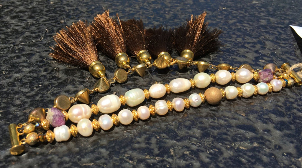 Pearl/ Agate Druzy/ Ruby/ Silk Tassel Bracelet