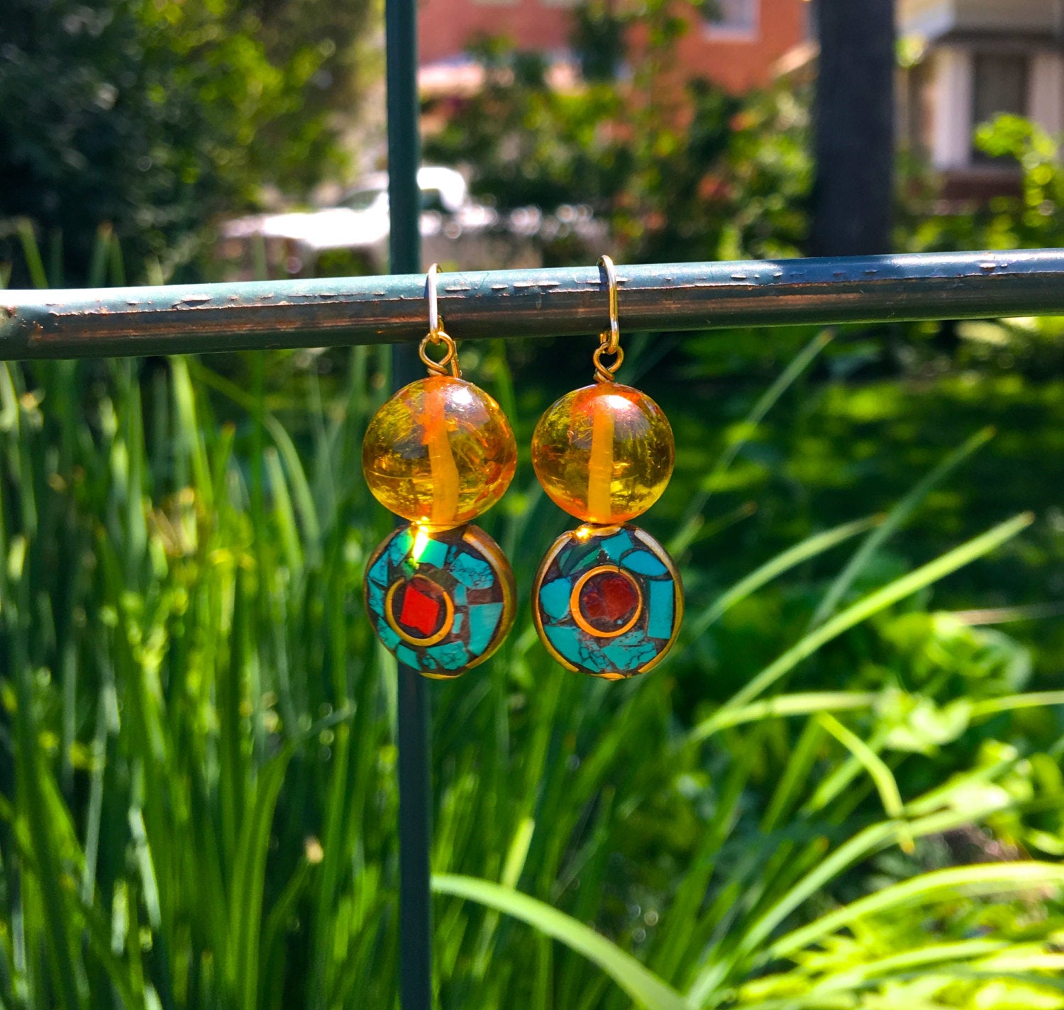 CLEOPATRA Earrings- Amber, Turquoise, Red Coral