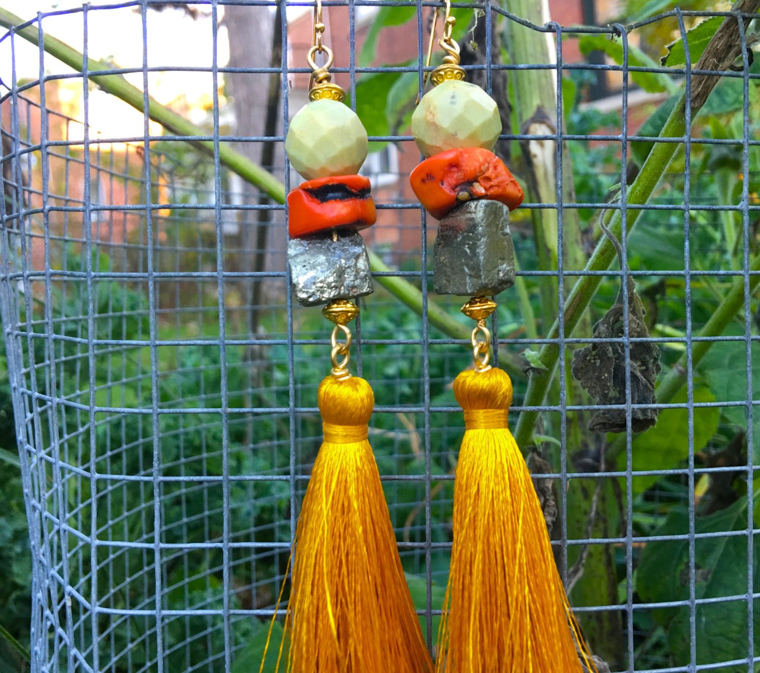 Golden Sunrise- Jasper, Coral, Pyrite Earrings