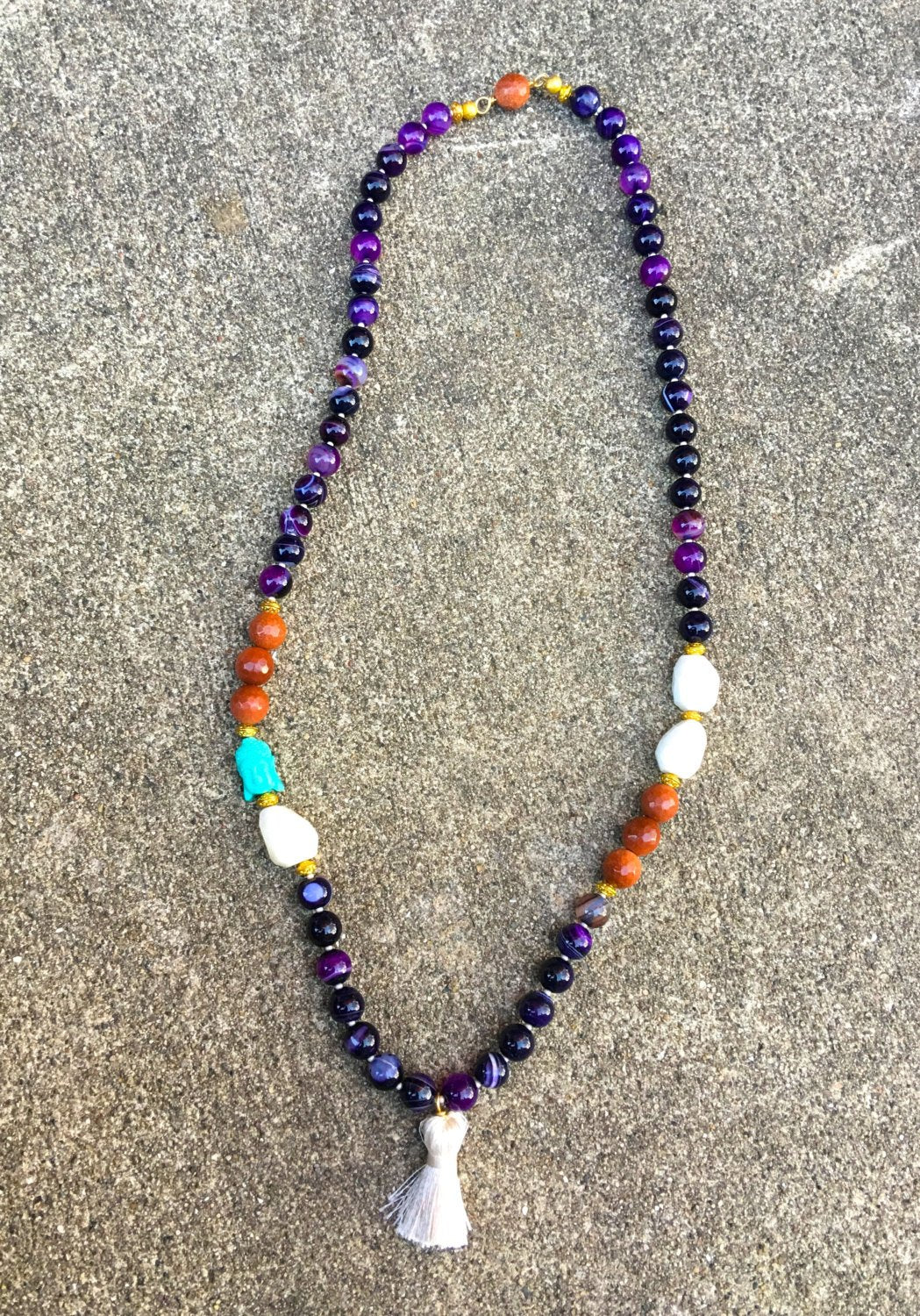 Purple Banded Agate - Silk Cream Tassel Mala