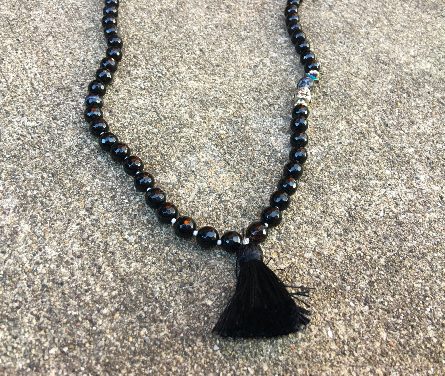 Black Agate - Silk Black Tassel Mala