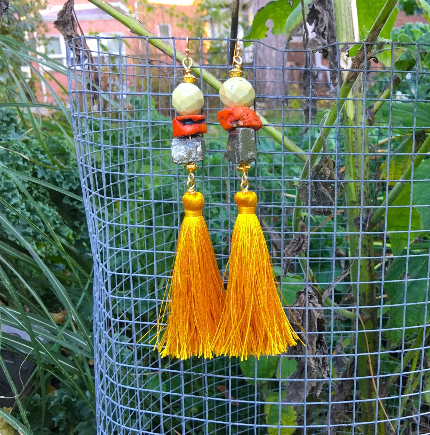 Golden Sunrise- Jasper, Coral, Pyrite Earrings