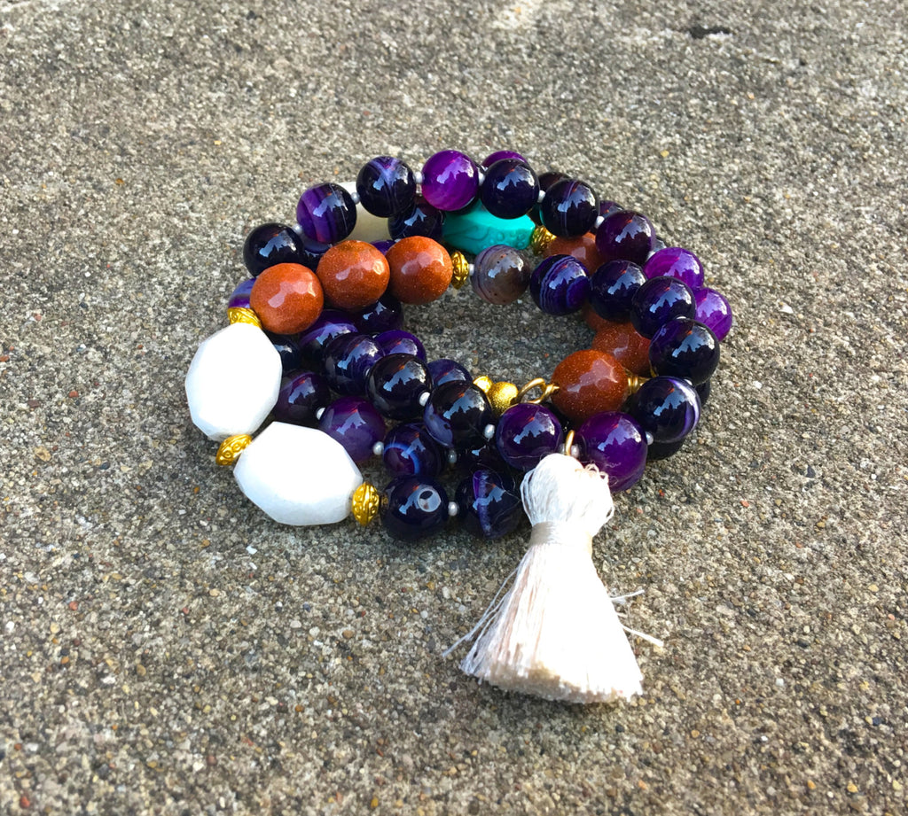 Purple Banded Agate - Silk Cream Tassel Mala