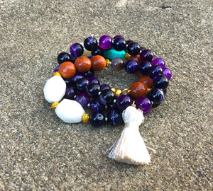 Purple Banded Agate - Silk Cream Tassel Mala