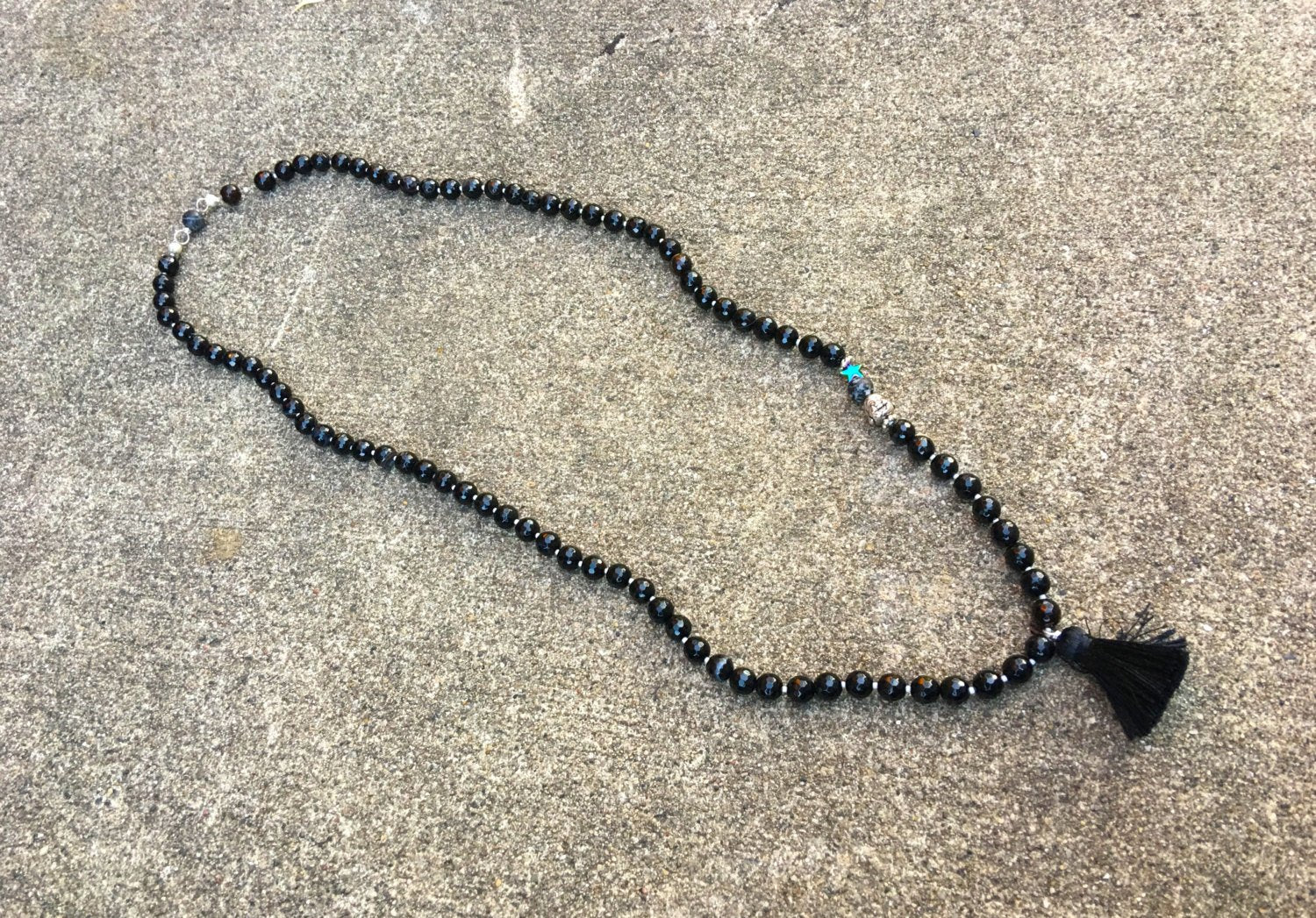 Black Agate - Silk Black Tassel Mala