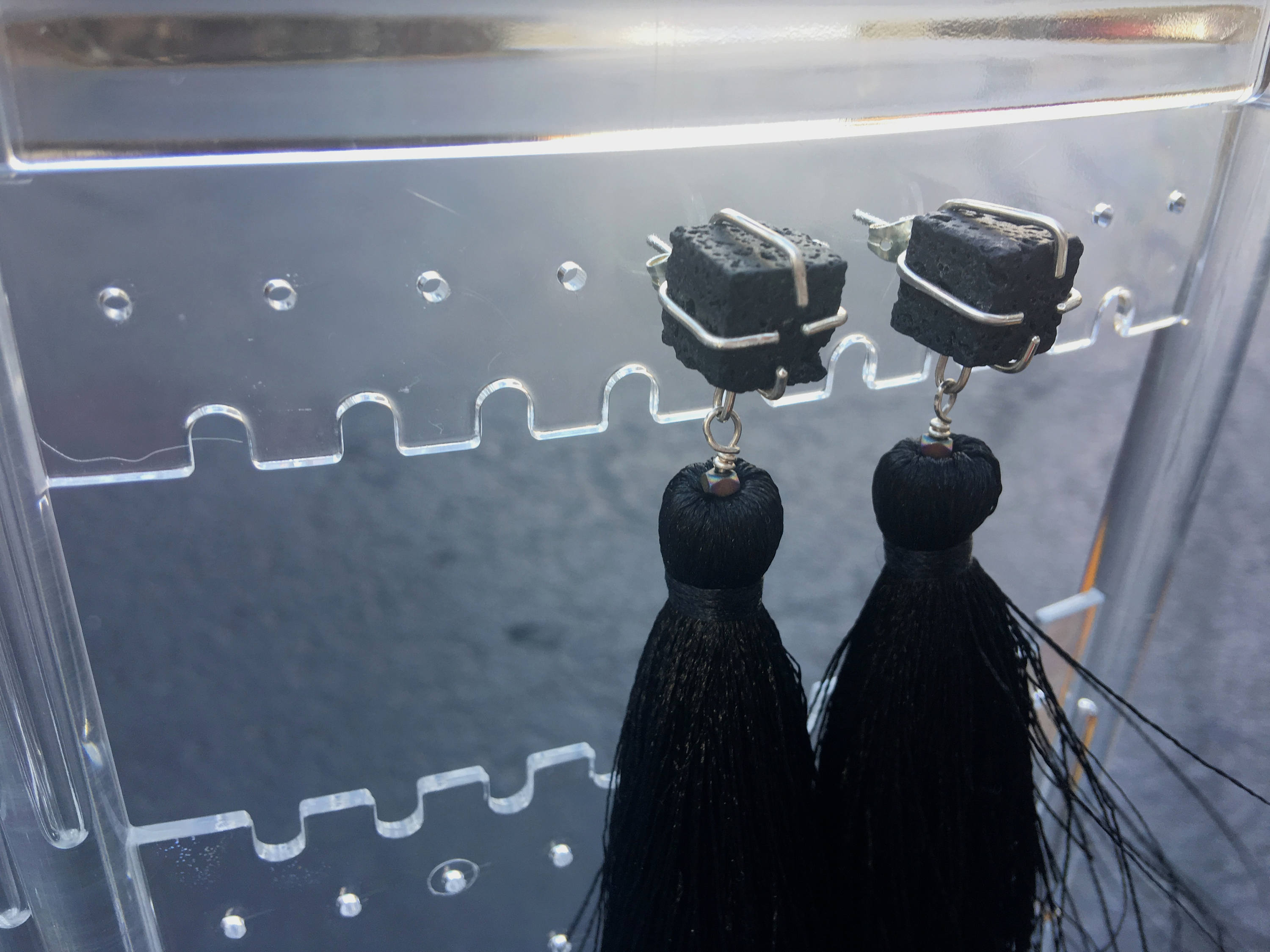 Lava Stone - Black Tassel Earrings