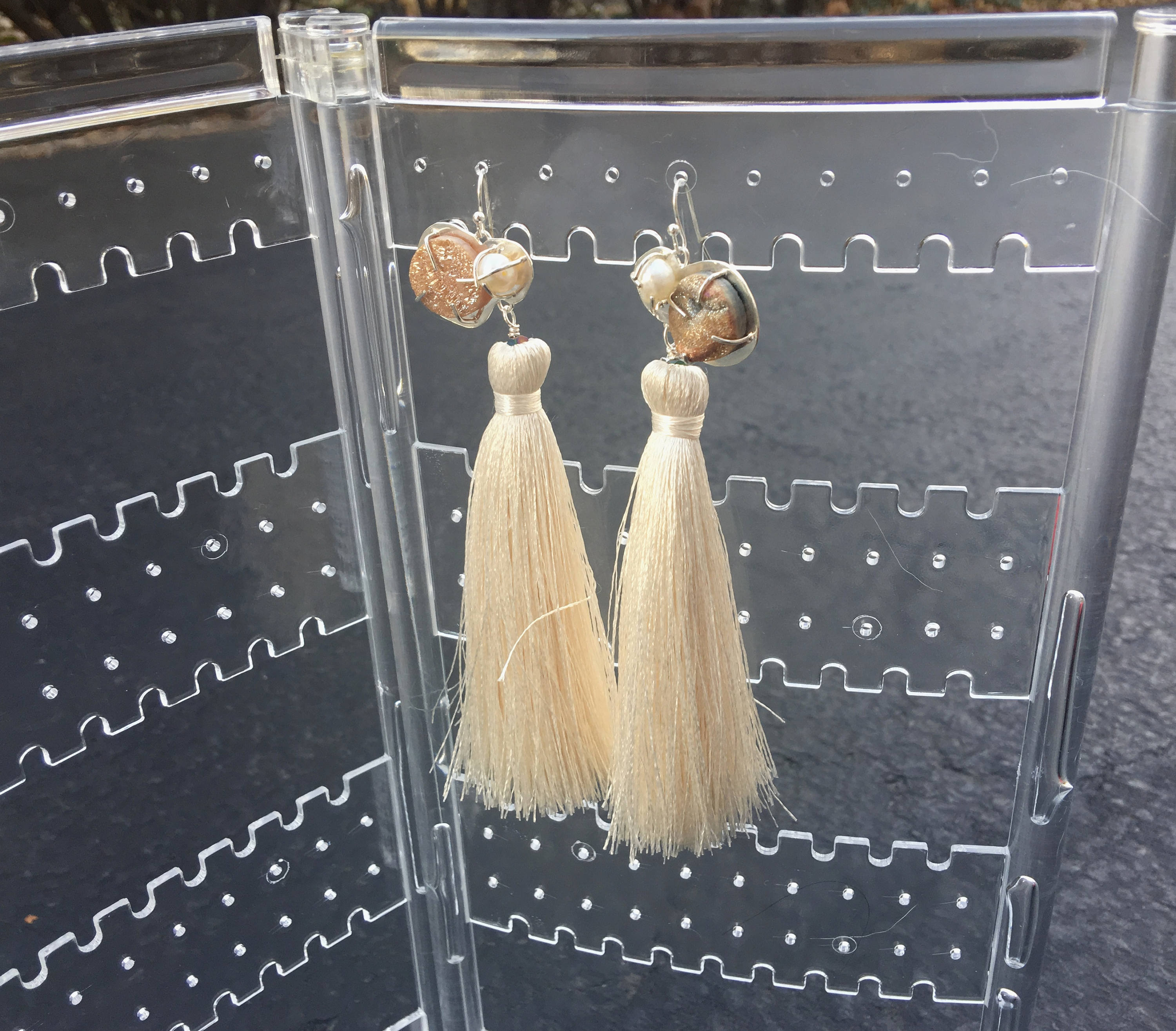 Chalcedony Agate- Freshwater Pearl- Cream Tassel Earrings