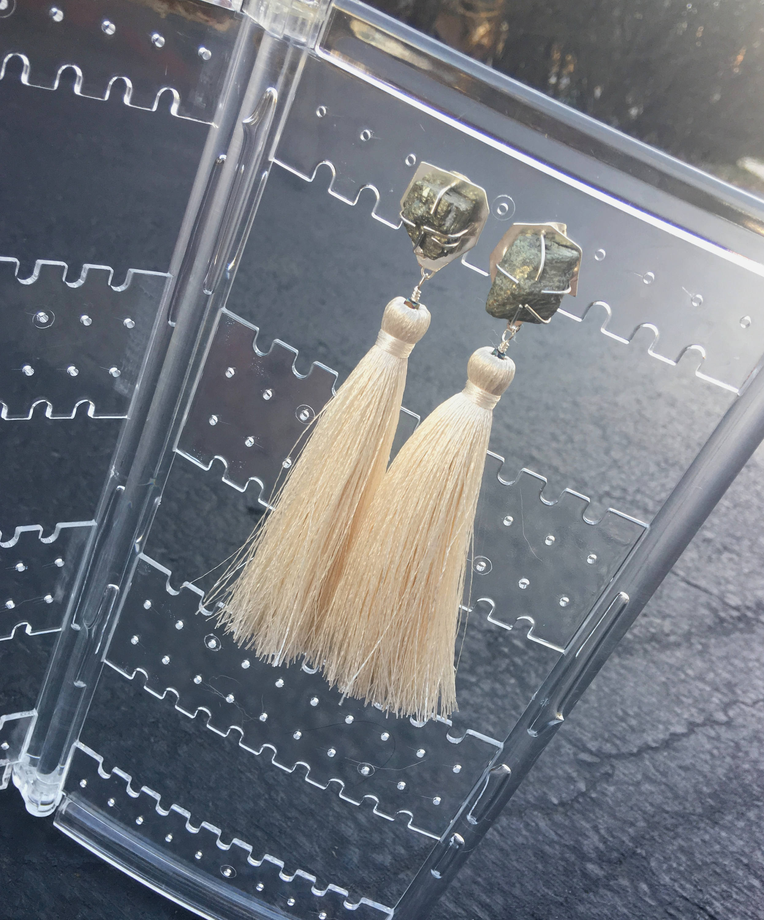 Pyrite - Cream Tassel Earrings