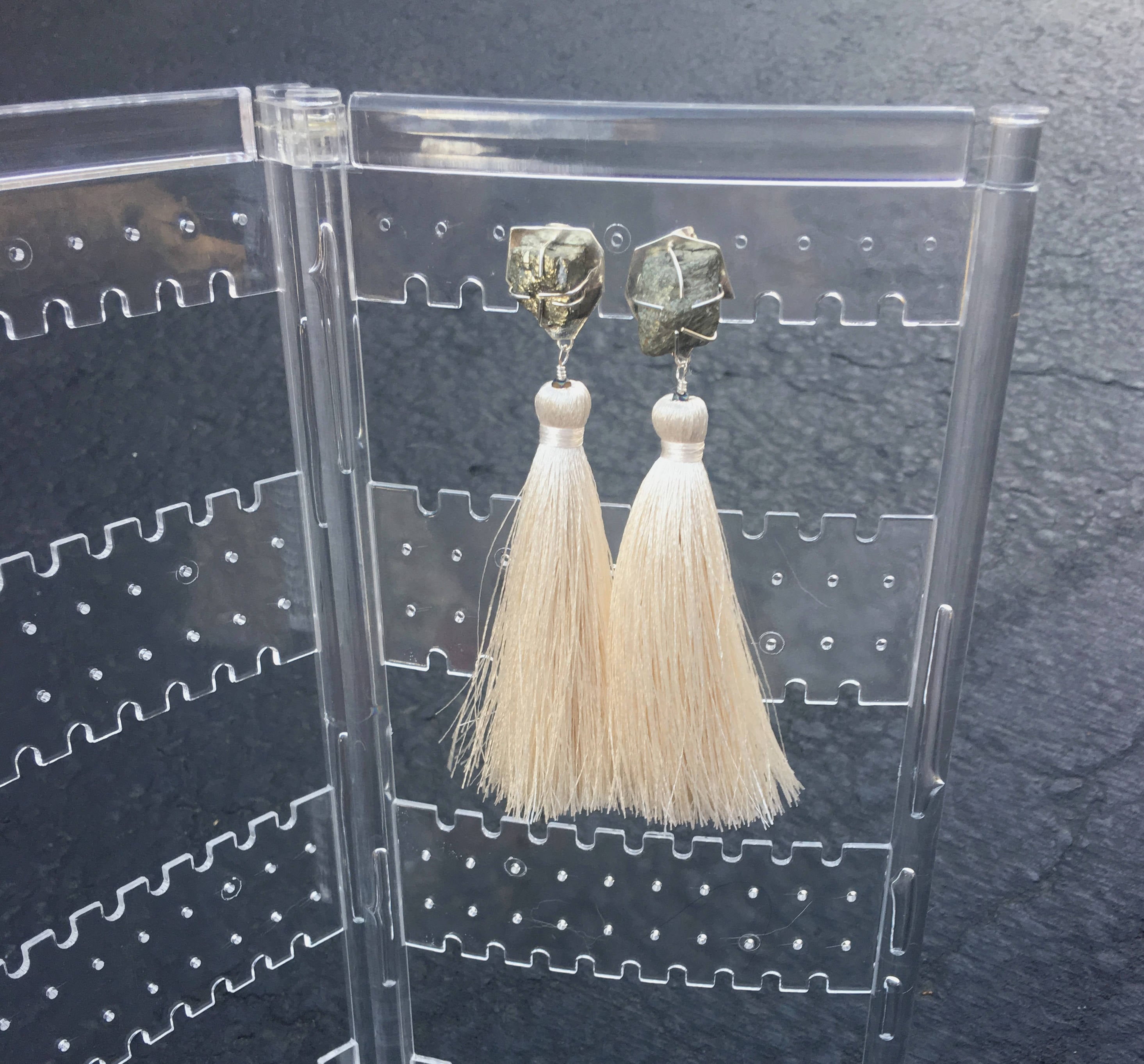Pyrite - Cream Tassel Earrings