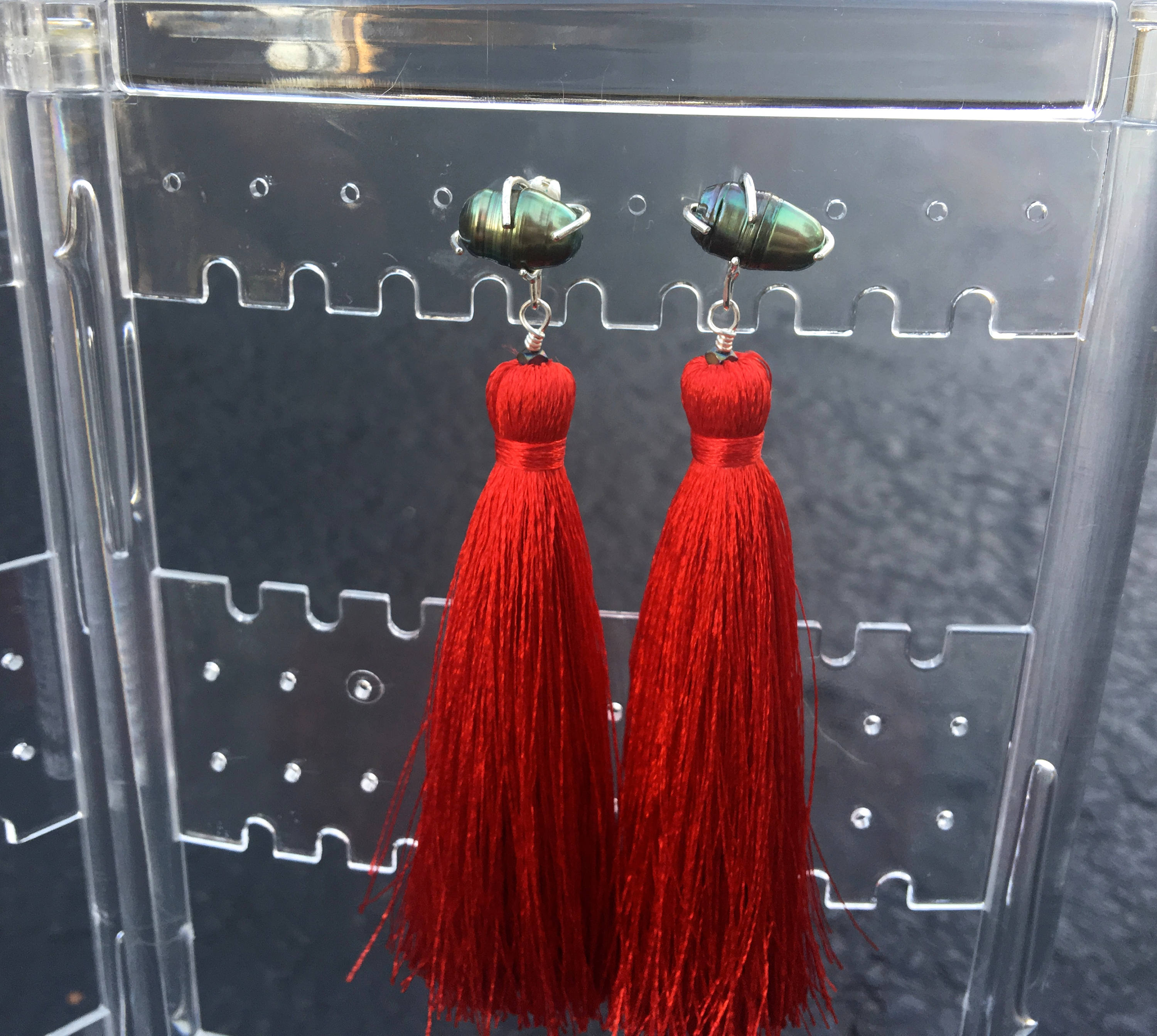 Freshwater Pearl - Red Tassel Earrings