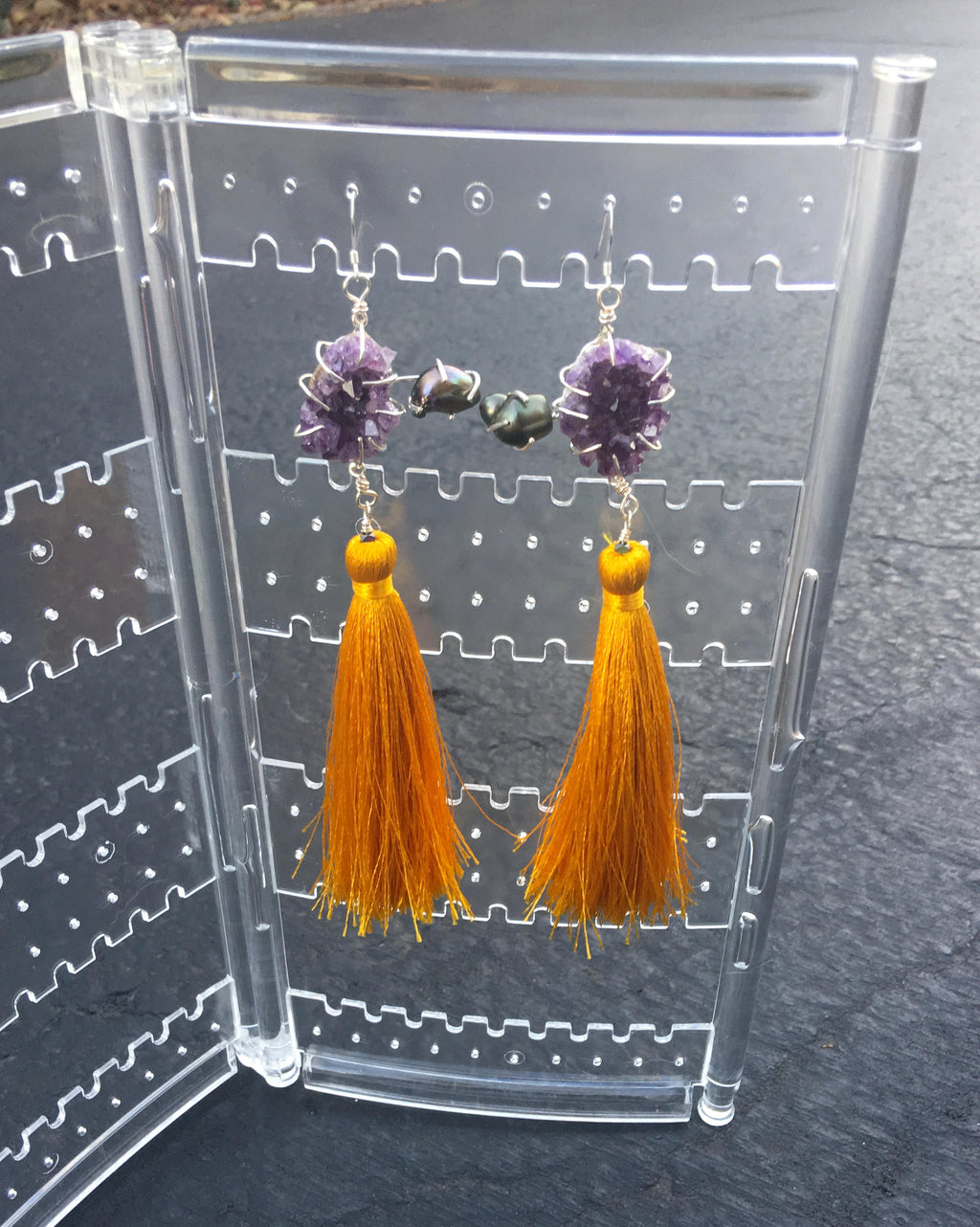 Amethyst- Freshwater Pearl- Golden Tassel Earrings