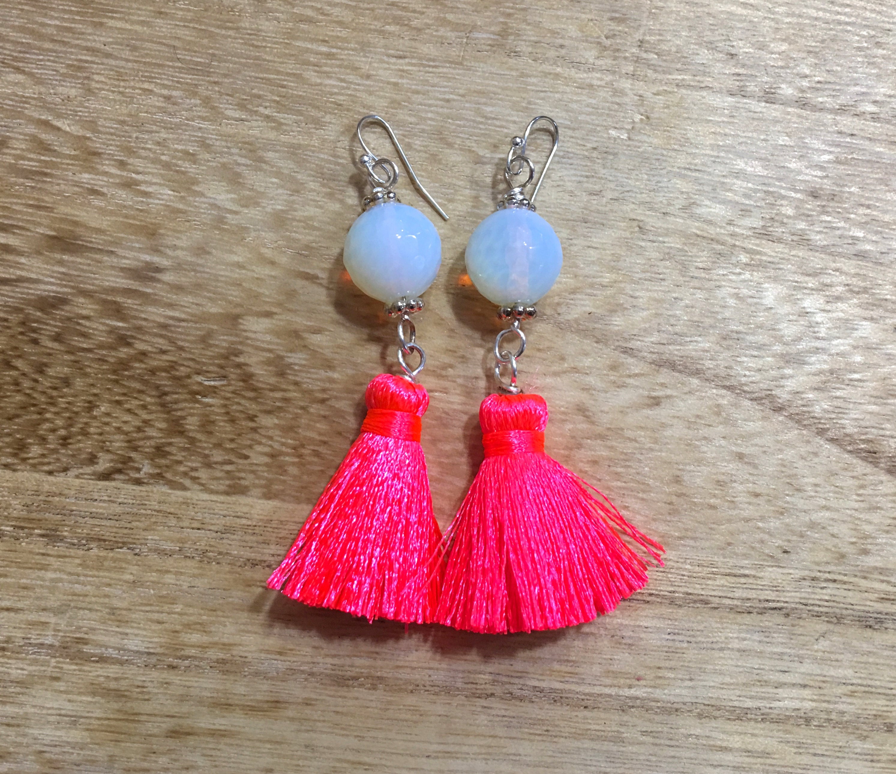 Opalite Earrings with Neon Pink Tassel