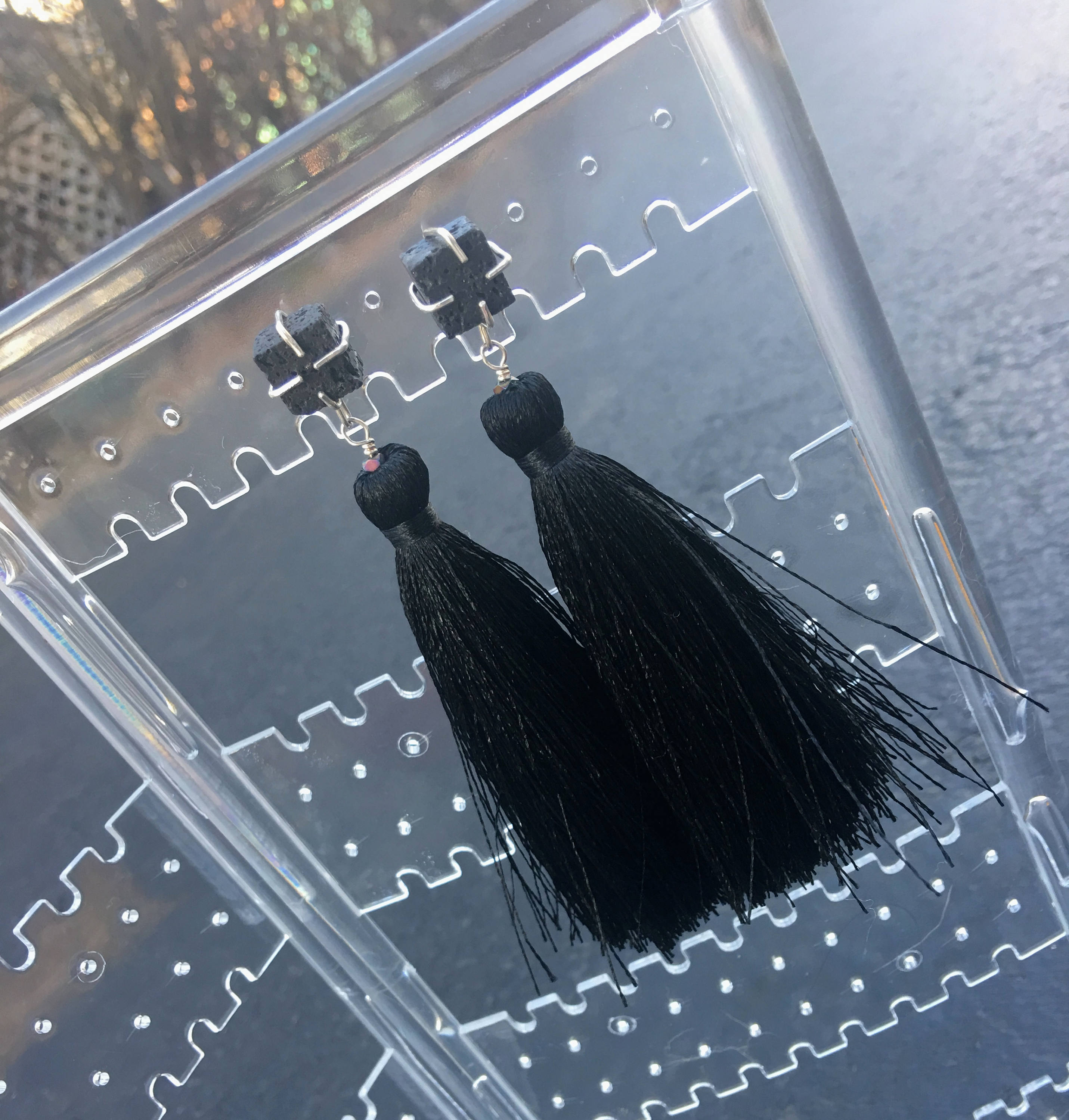 Lava Stone - Black Tassel Earrings