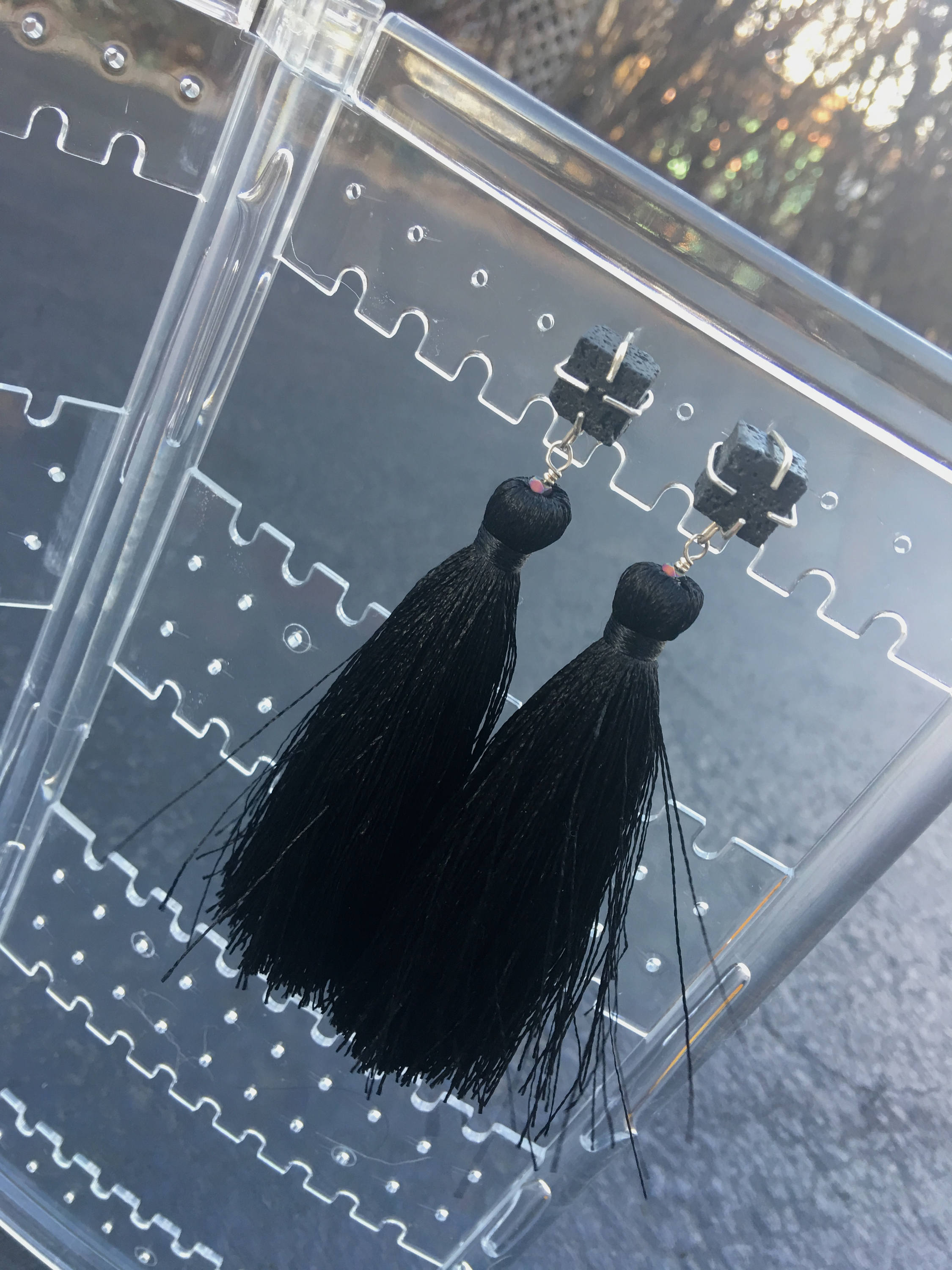 Lava Stone - Black Tassel Earrings