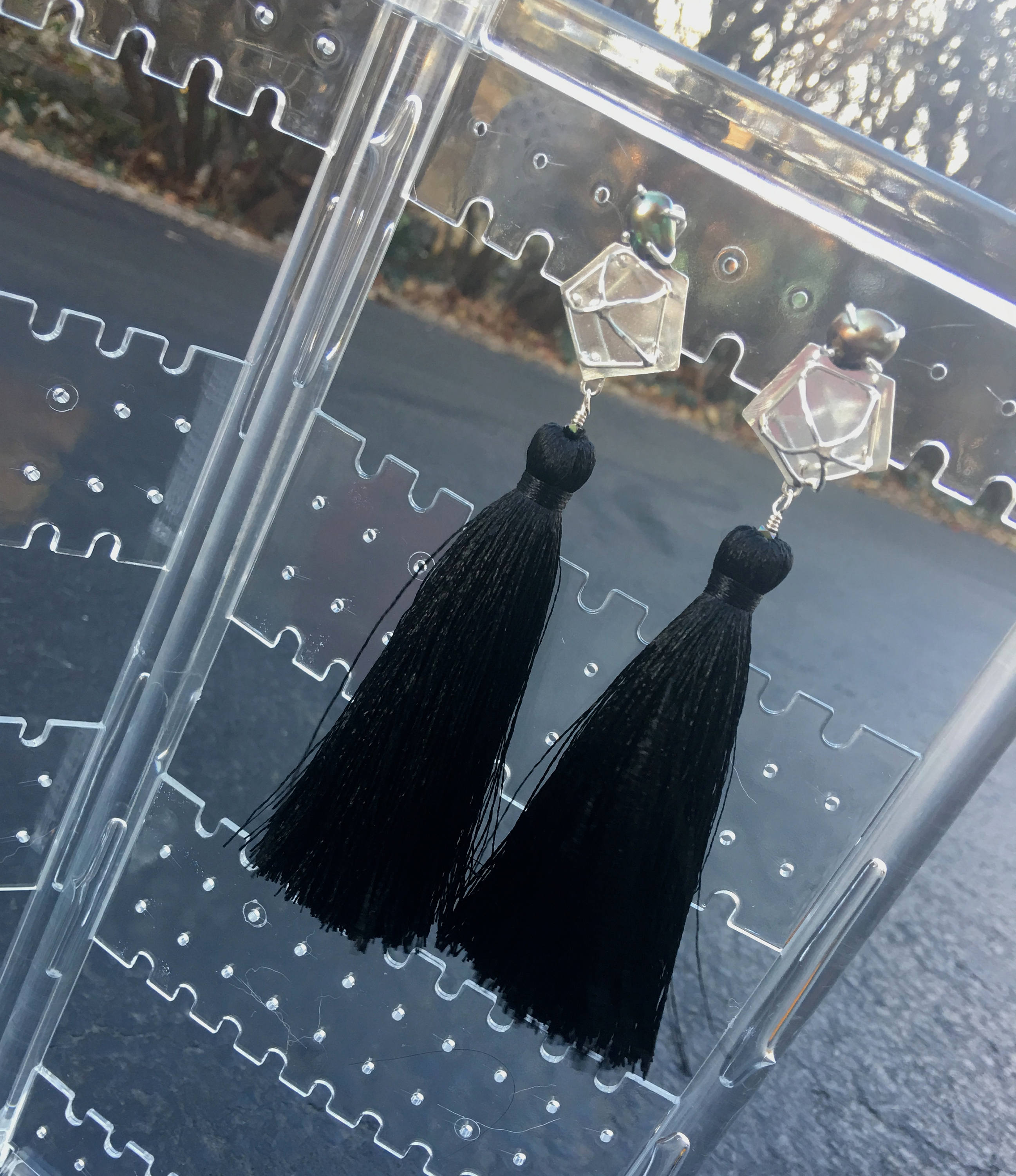 Freshwater Pearl - Black Silk Tassel Earrings