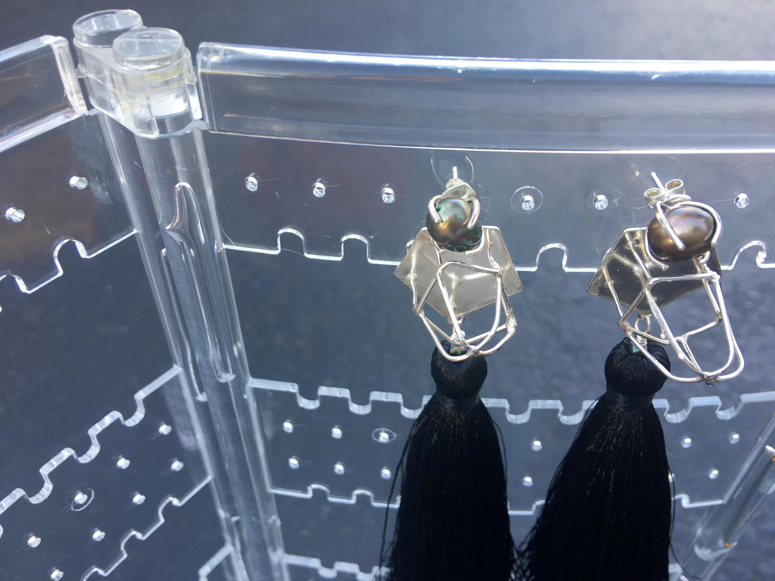 Freshwater Pearl - Black Silk Tassel Earrings