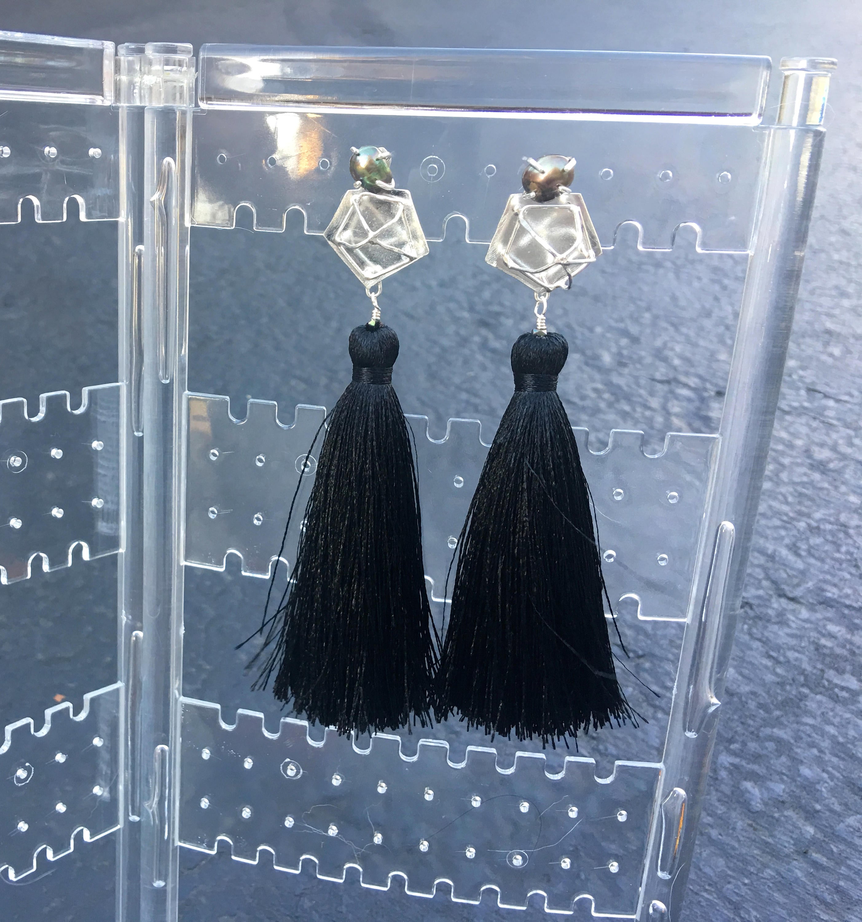 Freshwater Pearl - Black Silk Tassel Earrings