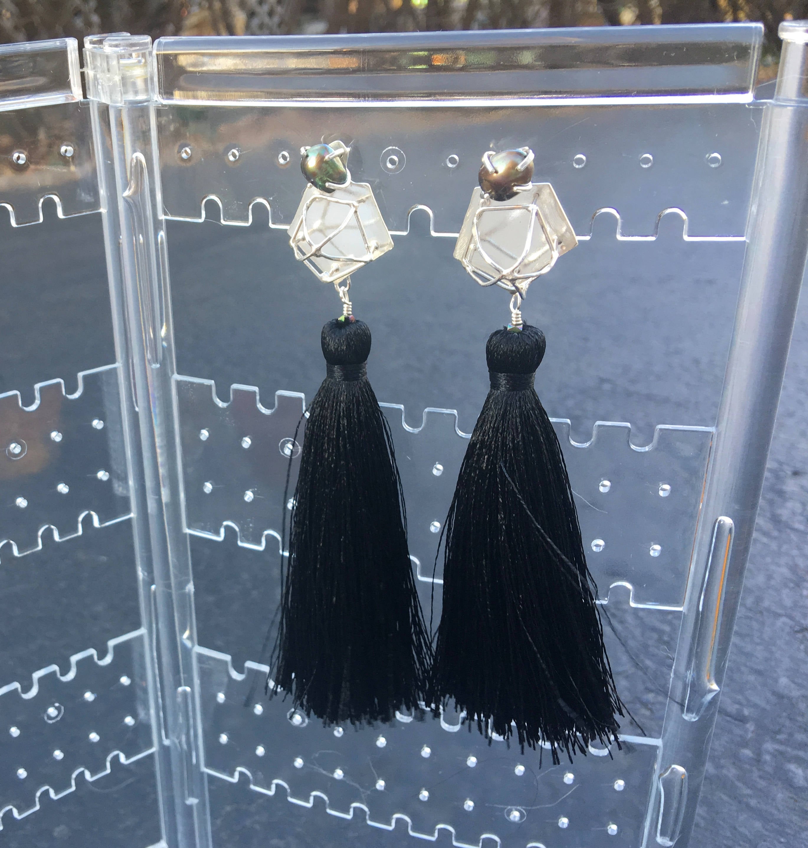 Freshwater Pearl - Black Silk Tassel Earrings