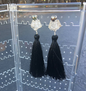 Freshwater Pearl - Black Silk Tassel Earrings