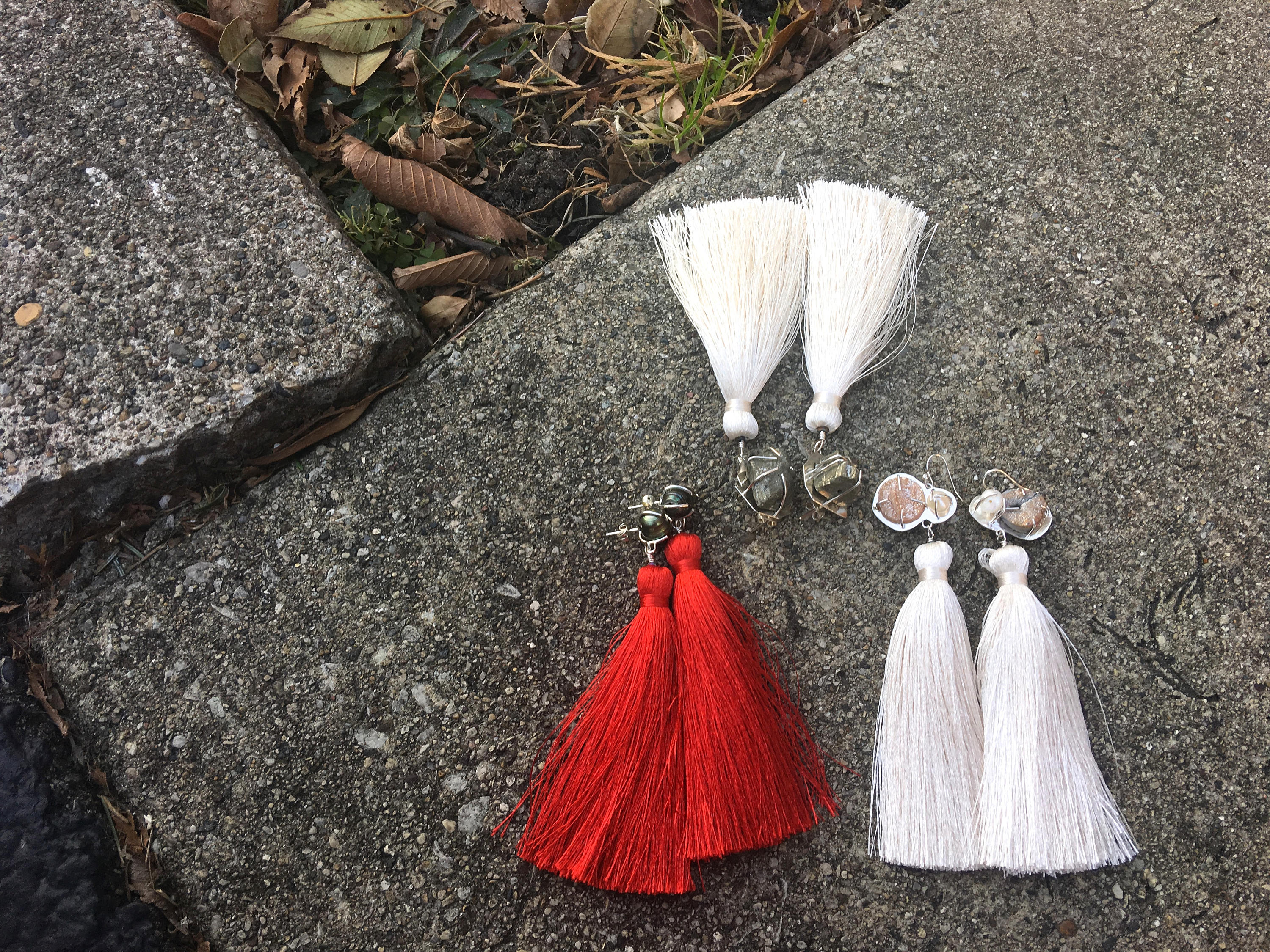 Pyrite - Cream Tassel Earrings