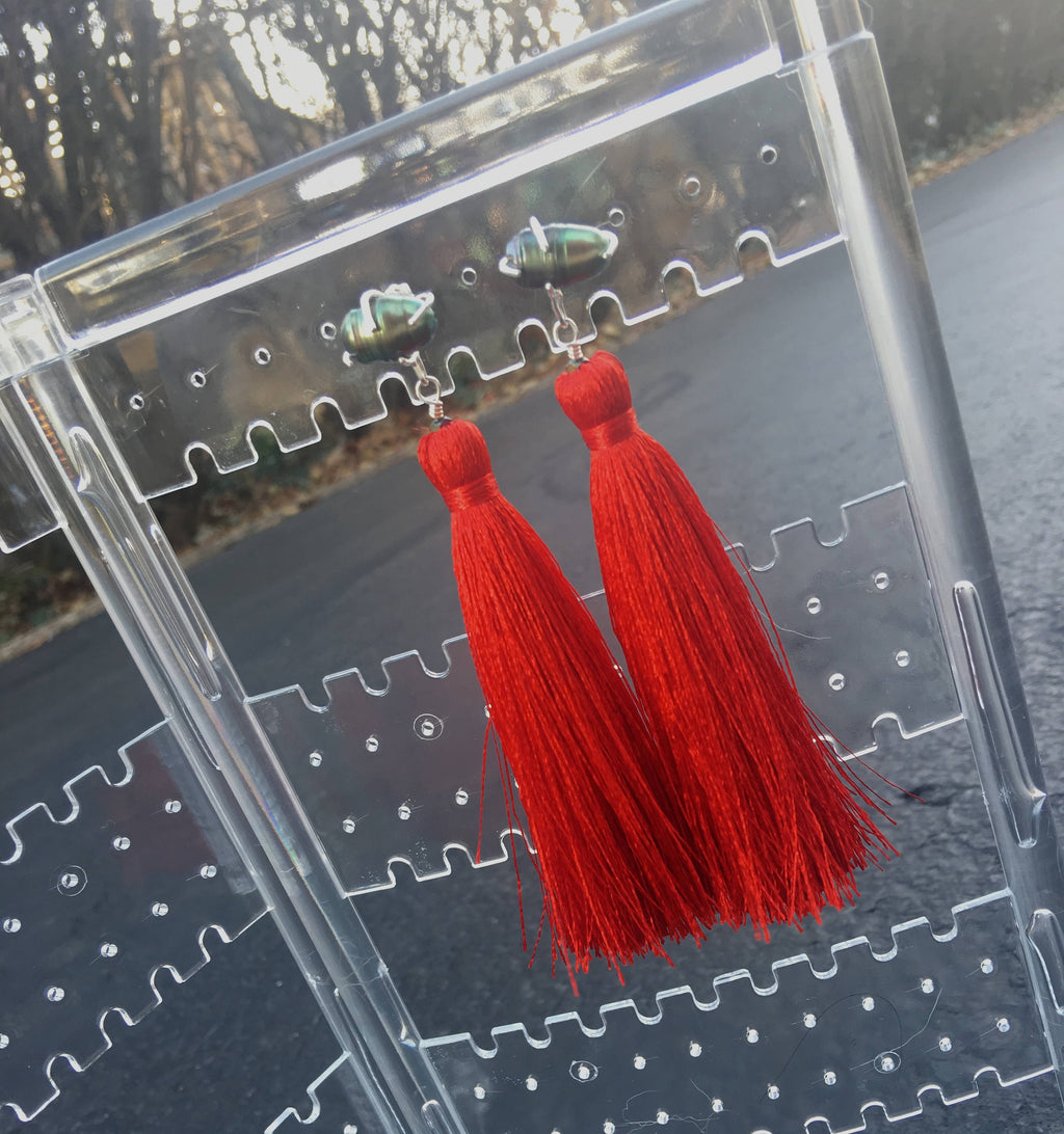 Freshwater Pearl - Red Tassel Earrings