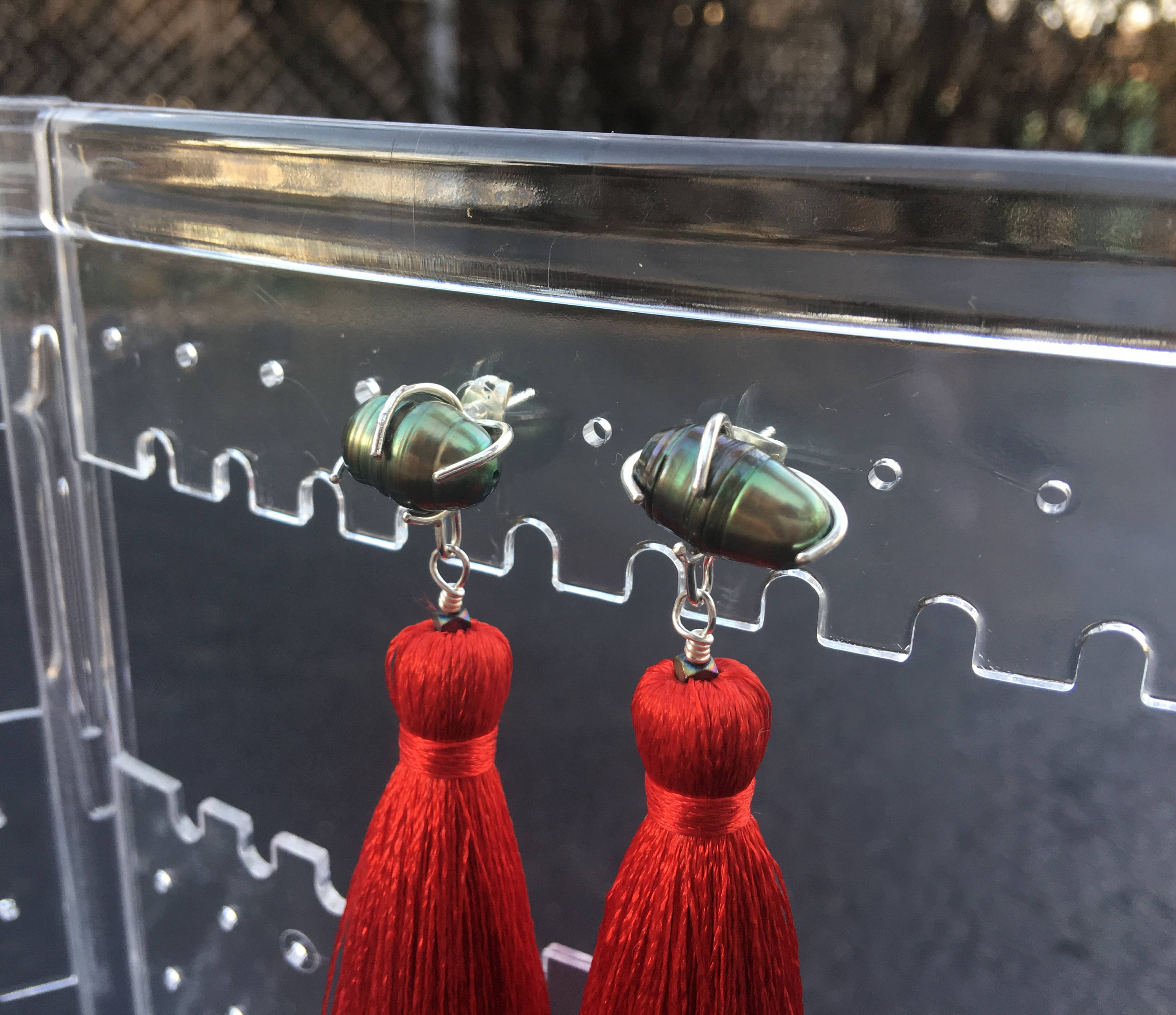 Freshwater Pearl - Red Tassel Earrings