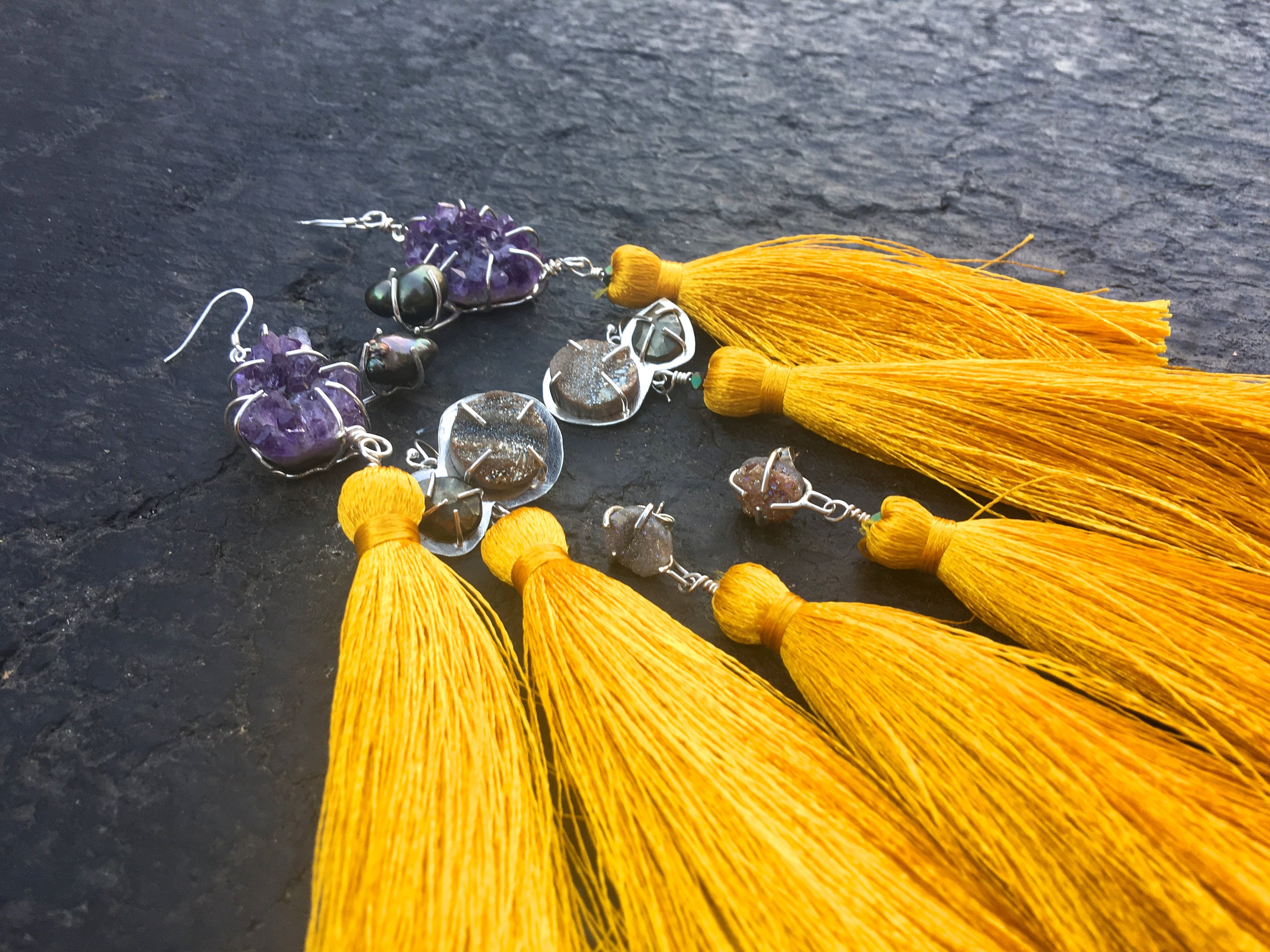 Druzy Agate- Pyrite- Golden Tassel Earrings