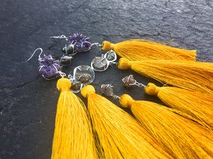 Druzy Agate- Pyrite- Golden Tassel Earrings