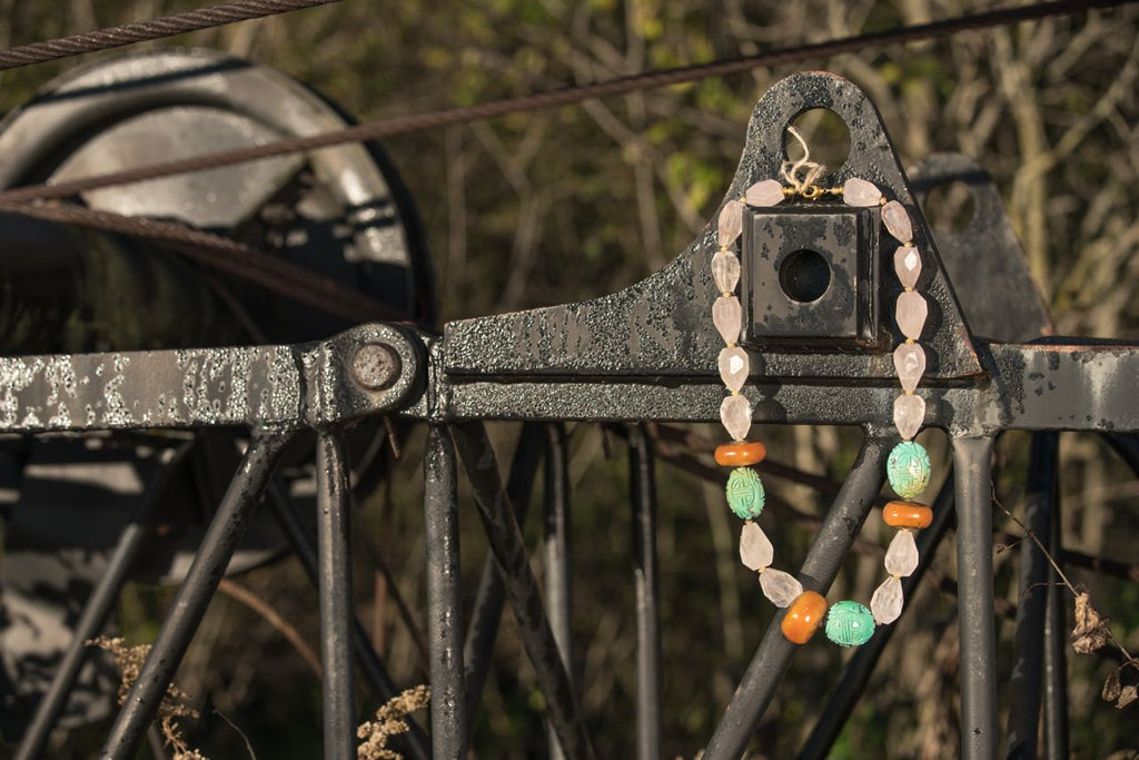 ONEOFAKIND >> RoseQuartz / Amber/ Carved Turquoise Magensite